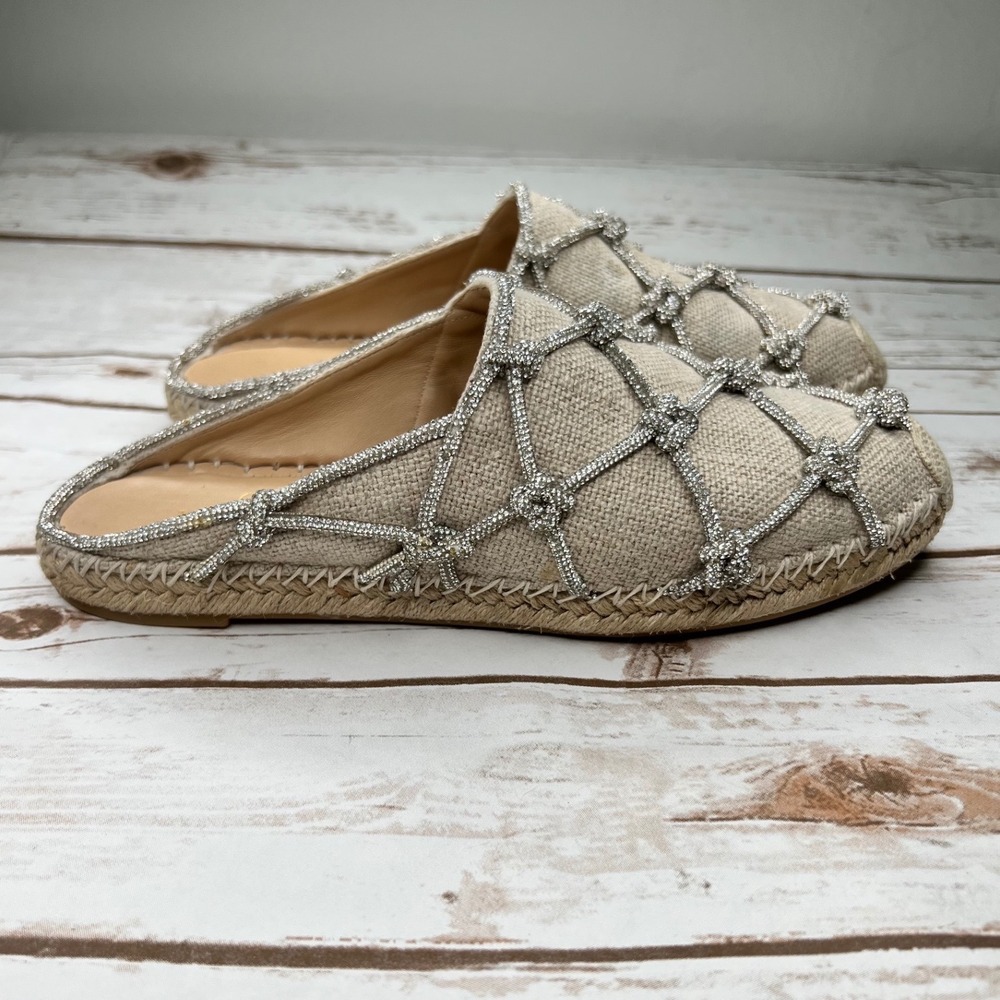 Valentino Espadrille Mules Beige Crystal Embellished Linen Slides sz 40
